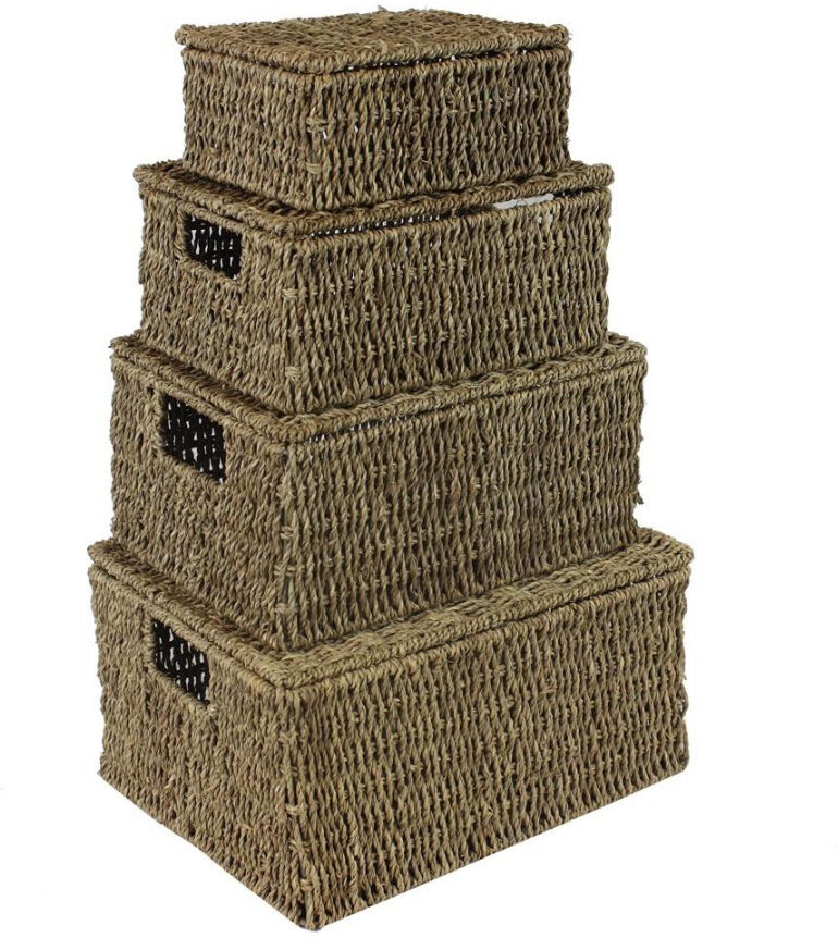 MantraRaj Infotech LTD. MantraRaj Set of 4 Hand Woven Storage Basket Box With Lid Wicker Hamper Shelf Organiser Bin Containers with Side Handles for Kitchen, Living Room, B