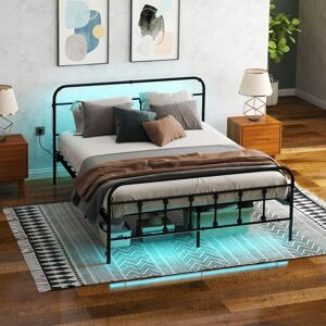 MHSTAR UK LTD HOMCOM 5ft King Size Bed Frame with LED Lights and Charging Station, Metal Platform Bed Frame with Tall Headboard, Footboard and Steel Slat Support, N