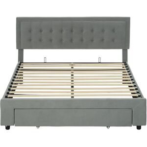 MHSTAR UK LTD HOMCOM King Size Ottoman Bed Frame with Hydraulic Lifting Storage, Wheeled Drawer, Adjustable Velvet Upholstered Headboard, Wooden Slats Mattress Foun