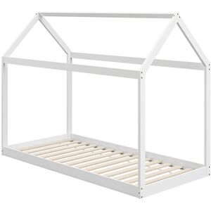 MHSTAR UK LTD HOMCOM Single Bed Frame, House Scandinavian Style Wooden Bed Frame for 90W x 190Dcm Mattress, Pine Wood Bed Base, White