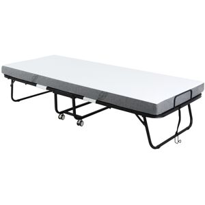 MHSTAR UK LTD HOMCOM Folding Bed with 10cm Mattress, Portable Foldable Guest Bed with Sturdy Metal Frame on Wheels
