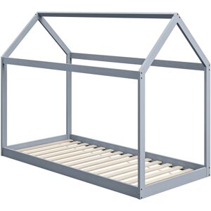 MHSTAR UK LTD HOMCOM Single Bed Frame, House Scandinavian Style Wooden Bed Frame for 90W x 190Dcm Mattress, Pine Wood Bed Base, Grey