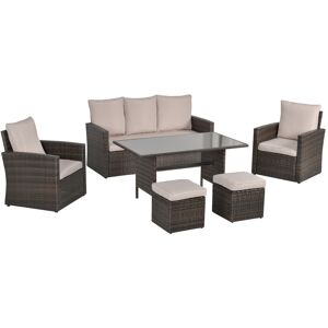 MHSTAR UK LTD Outsunny 6 Pieces Outdoor PE Rattan Garden Furniture Set with Three-seat, Armchairs and Footstools, Patio Wicker Dining Sets w/ Glass Top Dining Table