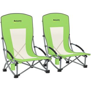 MHSTAR UK LTD Outsunny Set of 2 Folding Beach Chair, Low Camping Chair with Mesh Back, Carry Bag and Cup Holder for Garden Outdoor Picnic Festival Travel, Green