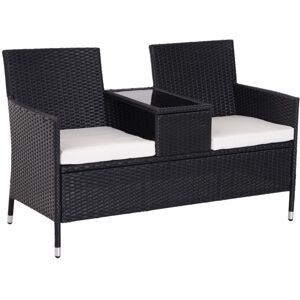 MHSTAR UK LTD Outsunny Garden Rattan 2 Seater Companion Seat Wicker Love Seat Weave Partner Bench w/ Cushions Patio Outdoor Furniture (Black)