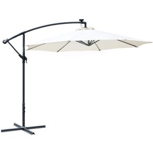 MHSTAR UK LTD Outsunny 3(m) LED Banana Parasol Garden Cantilever Umbrella with Solar Lights, Crank Handle and Cross Base, Hanging Sun Shade, Off-White