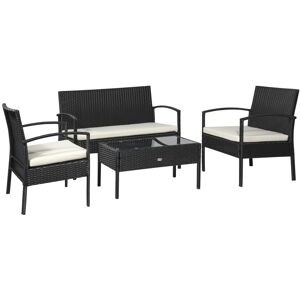 MHSTAR UK LTD Outsunny 4 Pieces Outdoor PE Rattan Corner Sofa with Cushions, Rattan Garden Furniture Conservatory Sofa Set with Armchairs, Loveseat and Glass Top Ta