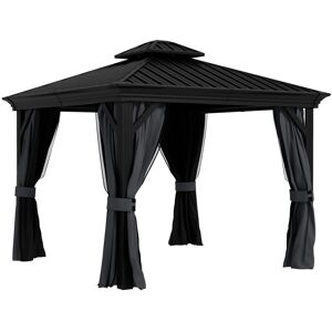 MHSTAR UK LTD Outsunny 3 x 3.7m Outdoor Hardtop Gazebo Canopy Aluminum Frame with 2-Tier Roof & Mesh Netting Sidewalls for Patio, Dark Grey