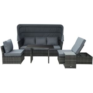 MHSTAR UK LTD Outsunny 5 PCS Outdoor Rattan Wicker Sofa Sets Reclining Sofa Adjustable Canopy & Side Table Dining Table Set Sectional Conversation Furniture w/ Cush