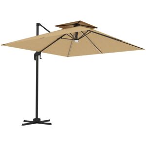 MHSTAR UK LTD Outsunny 2.5m Cantilever Parasol with Solar Powered LED Lights, Double Top Square Overhanging Garden Parasol with 360 Rotation, Tilt Adjustment, Cran