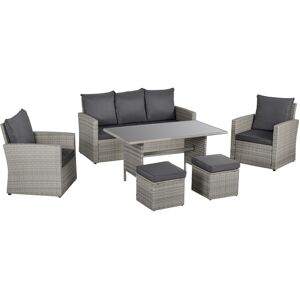 MHSTAR UK LTD Outsunny 6 Pieces Outdoor PE Rattan Garden Furniture Set with Three-seat, Armchairs and Footstools, Patio Wicker Dining Sets w/ Glass Top Dining Table