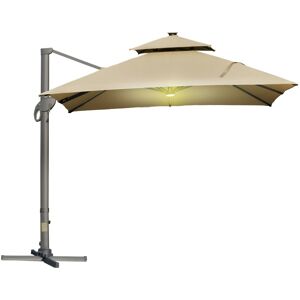 MHSTAR UK LTD Outsunny 3 x 3(m) Cantilever Roma Parasol Garden Sun Umbrella, Two-tier 250g Polyester Sun Shade with LED Solar Light, Aluminium Frame, Cross Base 360