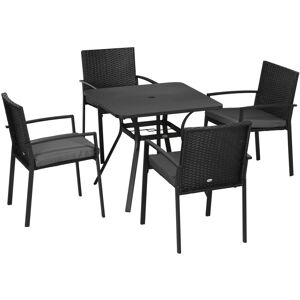 MHSTAR UK LTD Outsunny 4 Seater Rattan Garden Furniture Set, 5 Pieces Outdoor Dining Set, Patio Conservatory with Cushions, Wood Effect Tabletop with Umbrella Hole