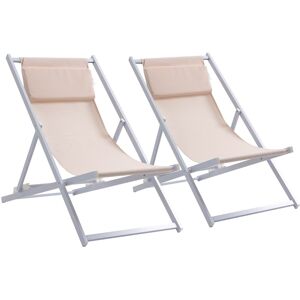 MHSTAR UK LTD Outsunny Set of 2 Folding Garden Beach Aluminium Frame Deck Chairs Deckchairs Seaside Folding Garden Patio Lounger, Beige