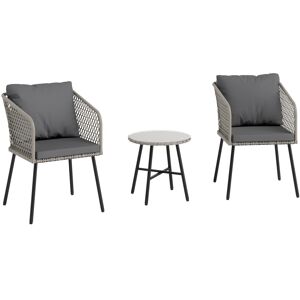 MHSTAR UK LTD Outsunny 3 Piece Rattan Bistro Set, Patio Wicker Conversation Furniture Set with 2 Chairs, Tempered Glass Table, Cushions, Adjustable Foot Pads, for G