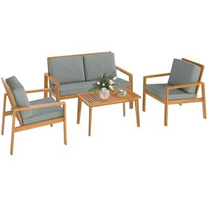 MHSTAR UK LTD Outsunny 4 Pieces Garden Furniture Set with Cushions, Wooden Garden Sofa Set with 1 Loveseat, 2 Armchairs and 1 Coffee Table, Outdoor Table and Chairs