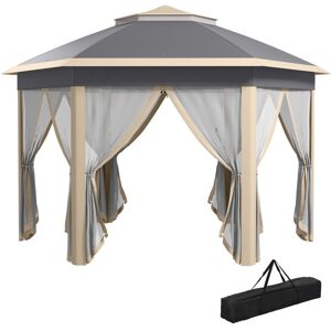 MHSTAR UK LTD Outsunny Hexagon Patio Gazebo Pop Up Gazebo Outdoor Double Roof Instant Shelter with Netting, 3 x 4m, Khaki