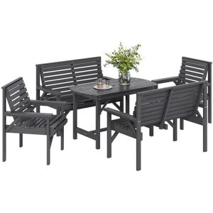 MHSTAR UK LTD Outsunny 5 Piece Wooden Garden Dining Set for 6, Outdoor Conversation Set with 2 Armchairs, 2 Loveseats and Dining Table with Umbrella Hole for Patio,