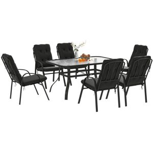 MHSTAR UK LTD Outsunny 7 Pieces Garden Dining Set, Outdoor Rectangular Dining Table and 6 Cushioned Armchairs, Tempered Glass Top Table w/ Umbrella Hole, Texteline