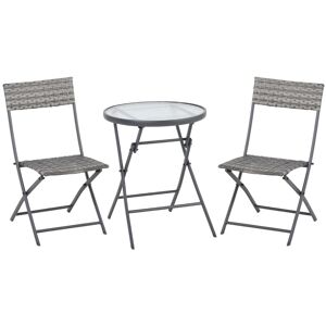 MHSTAR UK LTD Outsunny 3 Pieces Outdoor PE Rattan Bistro Set, Foldable Wicker Conversation Balcony Furniture Set with Glass Top Table and Ahairs, Grey