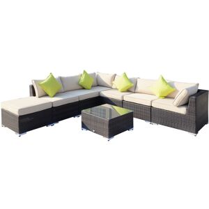 MHSTAR UK LTD Outsunny 8 Pieces PE Rattan Corner Sofa Set with Thick Cushions, Aluminium Outdoor Rattan Garden Furniture Set with Glass Top Table, No Assembly Requi