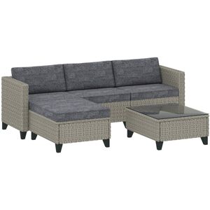 MHSTAR UK LTD Outsunny 5 Pieces PE Rattan Garden Furniture Set, 4 Seater Garden Corner Sofa Set with Glass Coffee Table, Wicker Outdoor Furniture Set with Cushions