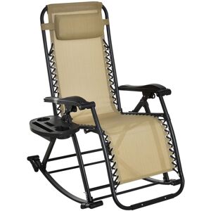MHSTAR UK LTD Outsunny Garden Rocking Chair Folding Recliner Outdoor Adjustable Sun Lounger Rocker Zero-Gravity Seat with Headrest Side Holder Patio Deck - Beige