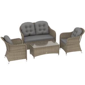 MHSTAR UK LTD Outsunny 4 Pieces Outdoor PE Rattan Garden Furniture with Cushions, Patio Special Hand Weave Wicker Conservatory Sofa Set with Glass Top Coffee Table,