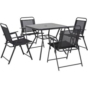 MHSTAR UK LTD Outsunny 5-Piece Outdoor Dining Set with 4 Foldable Armchairs, Patio Furniture Sets with Umbrella Hole & Wood-plastic Composite Top Dining Table, Mesh
