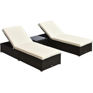 MHSTAR UK LTD Outsunny Outdoor 3 Pieces PE Rattan Sun Lounger with Cushion, Garden Wicker Recliner Sun Loungers Set of 2 Patio Furniture with Glass Top Coffee Tabl