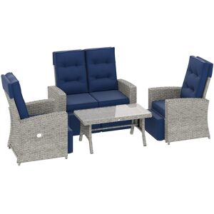 MHSTAR UK LTD Outsunny 4 Piece Rattan Garden Furniture Sets, 4 Seater Outdoor Sofa Sectional with Wicker Sofa, Reclining Armchair and Glass Table for Poolside, Navy