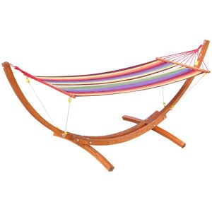 MHSTAR UK LTD Outsunny Garden Outdoor Patio Standing Frame Wooden Cotton Hammock with Arc Stand and Safe Ropes - Multi-Colour