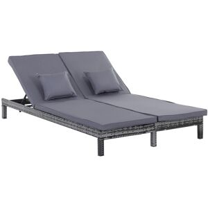 MHSTAR UK LTD Outsunny Garden Double Rattan Sun Lounger Companion Reclining Recliner Wicker Weave Patio Outdoor Furniture Cushioned - Grey