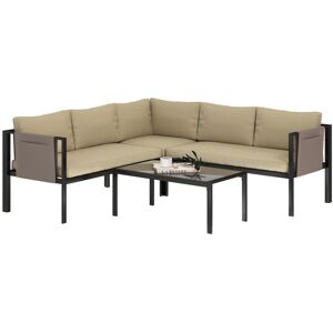 MHSTAR UK LTD Outsunny 4 Piece Metal Garden Furniture Set with Tempered Glass Coffee Table, Breathable Mesh Pocket, Outdoor Conversational Corner Sofa Loveseat with