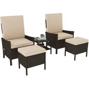 MHSTAR UK LTD Outsunny 5 Piece Rattan Garden Furniture Set, Wicker Outdoor Furniture with 2 Armchairs, 2 Footstools and Glass Top Coffee Table with Shelf, Cushions