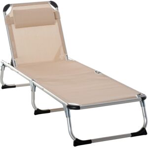 MHSTAR UK LTD Outsunny Foldable Sun Lounger, Reclining Lounge Chair Camping Bed Cot with Pillow 5-Level Adjustable Back Aluminium Frame Khaki