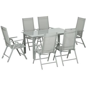 MHSTAR UK LTD Outsunny 7 Piece Garden Dining Set, Outdoor Table and 6 Folding and Reclining Chairs, Aluminium Frame, Tempered Glass Top Table, Texteline Seats, Grey