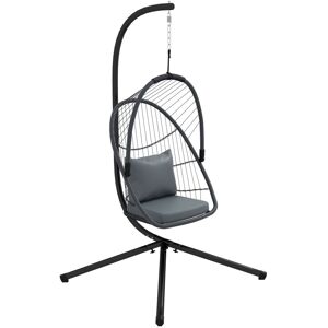 MHSTAR UK LTD Outsunny Outdoor PE Rattan Swing Chair with Cushion, Foldable Basket Patio Hanging Chair with Metal Stand, 360° Rotation Spring Hook, Basket Height A