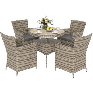 MHSTAR UK LTD Outsunny 4 Seater Garden Dining Set with Cushions, Double Layer Table with Wood-like Slat Top, PE Rattan Garden Furniture Set, Outdoor Dining Table an