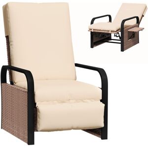 MHSTAR UK LTD Outsunny Rattan Garden Recliner Chair, Reclining Rattan Chair with Adjustable Backrest and Footrest, Outdoor Lounge Sun Lounger with Cushion, Side Tra