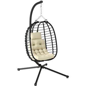 MHSTAR UK LTD Outsunny Rattan Hanging Egg Chair, Foldable Wicker Hammock Swing Chair with Cushion, Stand, Adjustable Height, Head Pillow, Steel Frame for Garden Pat