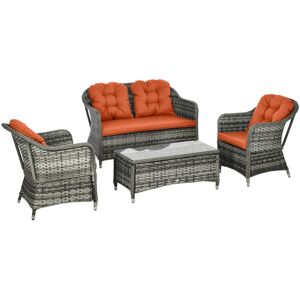 MHSTAR UK LTD Outsunny 4 Pieces Outdoor PE Rattan Garden Furniture with Cushions, Patio Special Hand Weave Wicker Conservatory Sofa Set with Glass Top Coffee Table,