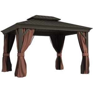 MHSTAR UK LTD Outsunny 3 x 3.7m Outdoor Hardtop Gazebo Canopy Aluminium Frame with 2-Tier Roof & Mesh Netting Sidewalls for Patio, Dark Brown