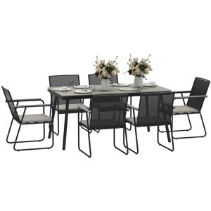 MHSTAR UK LTD Outsunny 6 Seater Garden Dining Set with Soft Cushions, Rattan Backrest, Rectangular Plastic Top, Garden Furniture Set, Outdoor Dining Table and Chair
