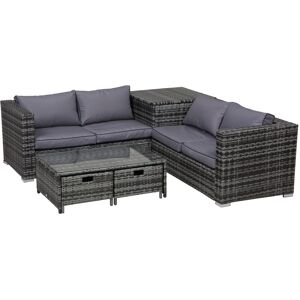 MHSTAR UK LTD Outsunny 4 Pcs Rattan Wicker Garden Furniture Patio Sofa Storage & Table Set w/ 2 Drawers Coffee Table,Great Cushioned 4 Seats Corner Sofa - Grey