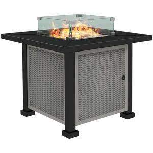 MHSTAR UK LTD Outsunny Square Propane Gas Fire Pit Table, 50000 BTU Rattan Smokeless Firepit Patio Heater with Glass Screen, Glass Beads and Lid, 81cm x 81cm x 64cm