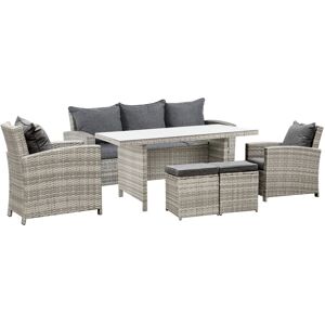 MHSTAR UK LTD Outsunny 6 Pieces PE Rattan Garden Furniture Set with Three-seat, Armchairs and Footstools, Aluminium Patio Wicker Dining Sets w/ Glass Top Dining Tab