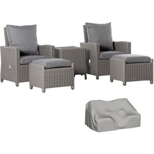 MHSTAR UK LTD Outsunny 5 Pieces Outdoor PE Rattan Garden Furniture with Cushions, Patio Lounge Adjustable Backrest Chairs, Footstools and Cooler Bar Coffee Table &