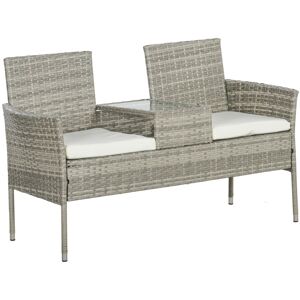 MHSTAR UK LTD Outsunny 2 Seat Rattan Garden Bench, Patio Wicker Chair with Glass Tea Table, Outdoor Love Seat with Padded Cushions, for Garden, Porch, Poolside, Mix