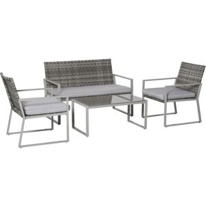 MHSTAR UK LTD Outsunny 4PC Rattan Garden Furniture Set 2 Single Sofa Arm Chairs 1 Bench with Cushions & Coffee Table Patio Backyard Wicker Weave